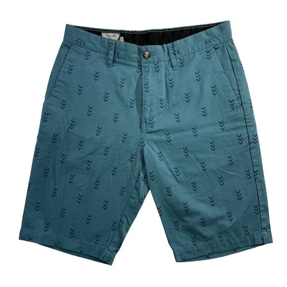 Volcom Chino Flat Front Shorts Pockets Teal Geo Print Skater Preppy Mens 30x10" - Picture 1 of 12